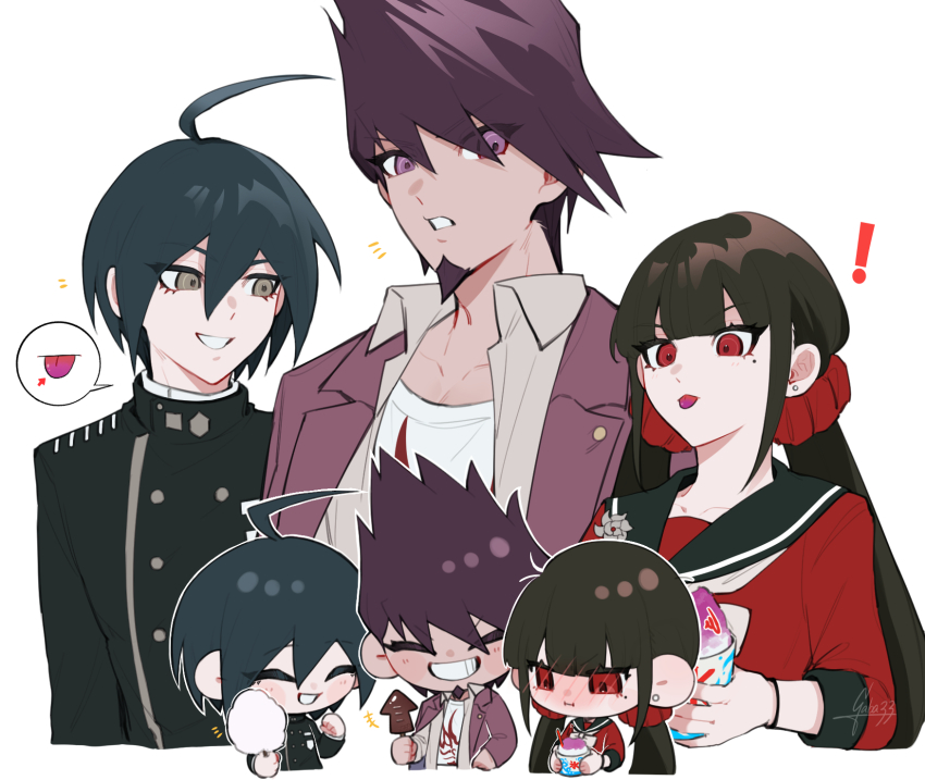 ! 1girl 2boys ahoge black_hair black_jacket black_sailor_collar blush brown_eyes brown_hair buttons collarbone cropped_torso danganronpa_(series) danganronpa_v3:_killing_harmony double-breasted facial_hair food gaba33 goatee grin highres holding holding_food ice_cream jacket long_hair long_sleeves low_twintails multiple_boys notice_lines open_clothes open_jacket pink_eyes pink_jacket red_eyes red_scrunchie red_shirt saihara_shuichi sailor_collar scrunchie shirt simple_background smile spiked_hair teeth twintails white_background white_shirt