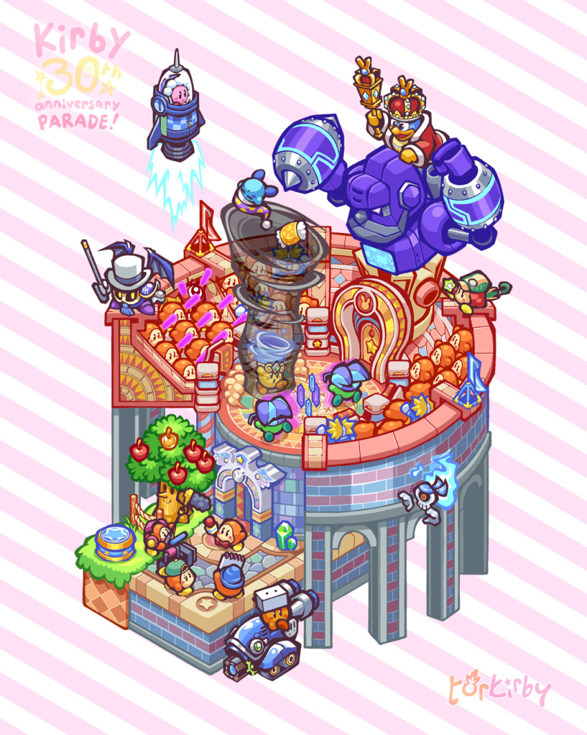 alternate_color alternate_costume anniversary artist_name assistant_waddle_dee backwards_hat beam_kirby blue_hat bow bowtie camera camera_waddle_dee cane character_name closed_mouth coat colosseum copy_ability copyright_name crowd crown floating gem ghost_(kirby_battle_royale) glowstick green_hat hat headphones highres holding holding_camera holding_cane holding_glowstick holding_microphone holding_notepad holding_scepter ice_kirby king_dedede kirby kirby:_battle_royale kirby_(series) knuckle_joe meta_knight microphone microphone_waddle_dee nintendo notepad one-eyed open_clothes open_coat open_mouth polka_dot_hat purple_hat red_bow red_bowtie red_coat reporter_waddle_dee riding robo_bonkers robot rocket scepter sleep_kirby smile striped_background top_hat torkirby tornado tornado_kirby tree two-tone_background umbrella waddle_dee waddle_doo whispy_woods white_hat white_mask wings