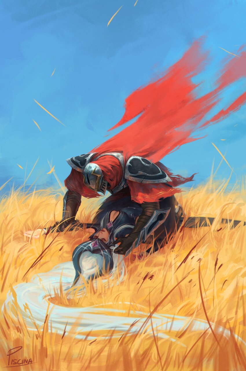 1boy 1girl absurdres armor artist_name bent_back boy_on_top cloak day facing_another helm helmet highres league_of_legends long_sleeves lying on_back outdoors piscina red_cloak shoulder_armor syndra torn_cloak torn_clothes wheat zed_(league_of_legends)