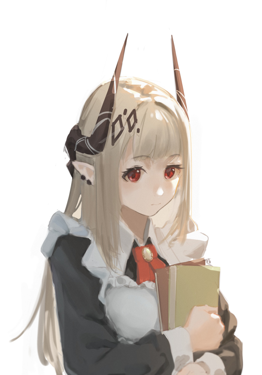 1girl absurdres alternate_costume apron arknights black_horns chinese_commentary closed_mouth commentary ear_piercing enmaided expressionless grey_hair gug292953576 highres holding horns long_hair long_sleeves maid maid_apron mudrock_(arknights) piercing pointy_ears red_eyes sidelocks simple_background solo upper_body white_apron white_background