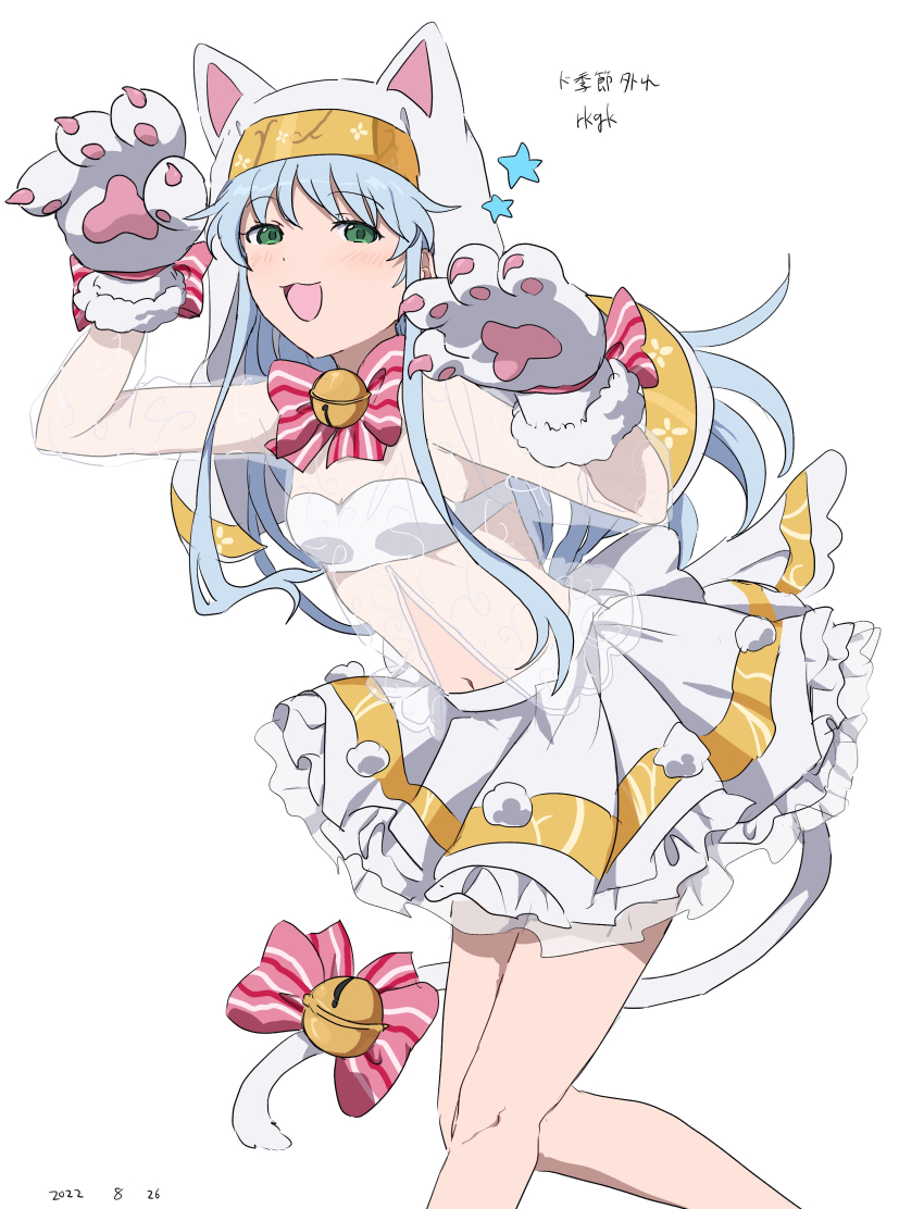 1girl :d absurdres animal_ear_headwear animal_ears animal_hands arm_up bell blue_hair bow bra cat_ears cat_tail claw_pose commentary_request dated fake_animal_ears feet_out_of_frame gloves green_eyes hand_up highres index_(toaru_majutsu_no_index) navel nun open_mouth paw_gloves simple_background skirt smile solo star_(symbol) stomach tail tail_bell tail_bow tail_ornament takatisakana toaru_majutsu_no_index translation_request underwear white_background white_bra white_skirt