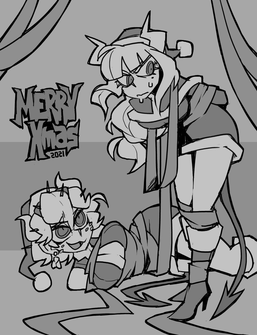 2girls absurdres arms_behind_back bdsm beelzebub_(helltaker) black_tail bondage boots bound bound_legs breasts bug christmas cleavage commentary demon_girl demon_horns demon_tail dress earrings english_commentary english_text fly freckles fur-trimmed_boots fur-trimmed_dress fur_trim greyscale hat helltaker high_heel_boots high_heels highres horns insect jewelry large_breasts leaning_forward long_hair lucifer_(helltaker) merry_christmas mole mole_under_eye monochrome multiple_girls on_floor ribbon ribbon_bondage santa_boots santa_costume santa_dress santa_hat short_hair smile standing sweatdrop tail vanripper white_hair white_horns