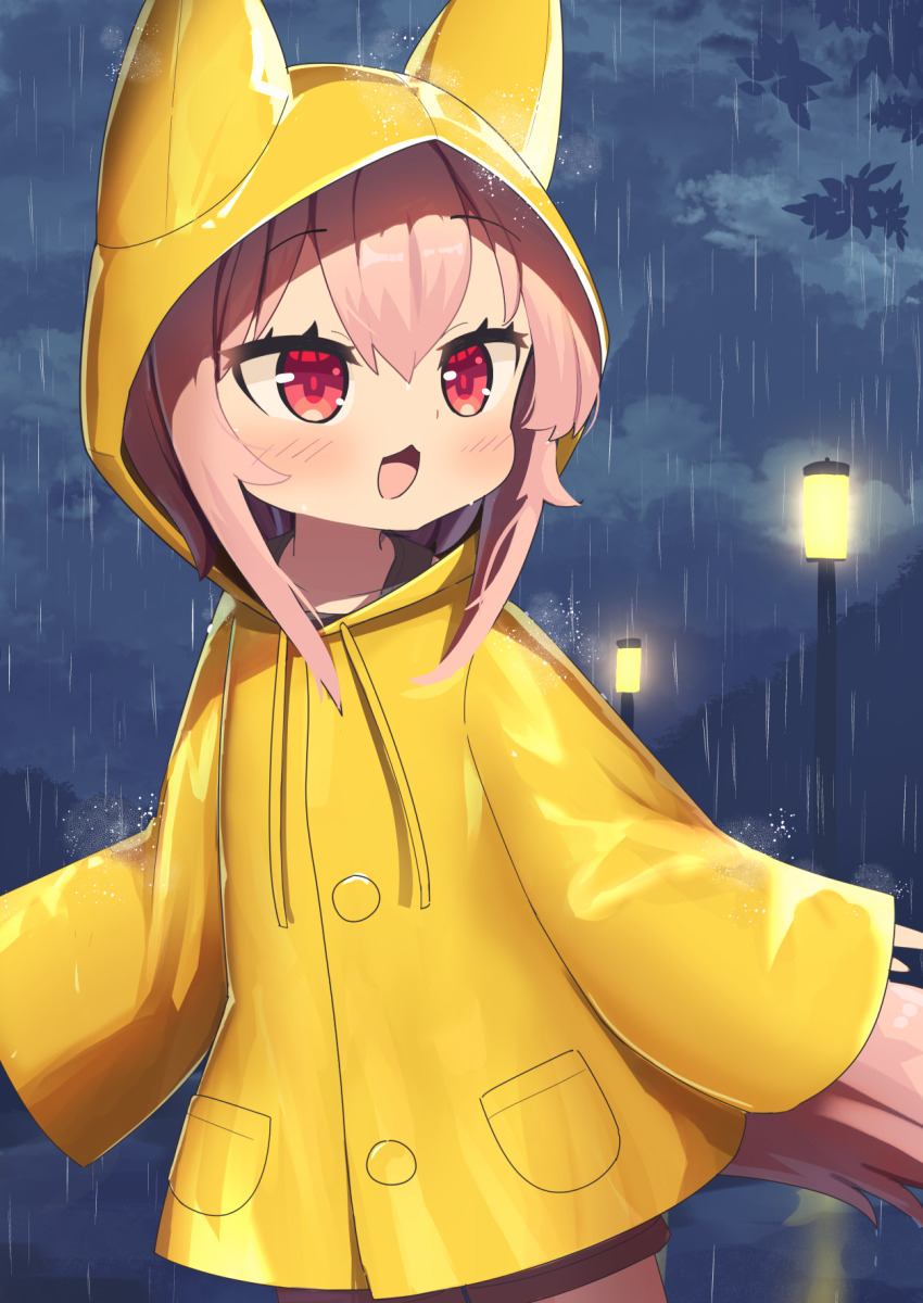 1girl animal_ears brown_shorts commentary_request drawstring fox_ears fox_girl fox_tail highres hood hood_up hooded_coat lamppost long_sleeves medium_hair open_mouth original outdoors pink_eyes pink_hair rain raincoat saisoku_no_yukkuri shorts sidelocks single_sleeve_past_fingers sleeves_past_wrists smile solo tail yellow_raincoat