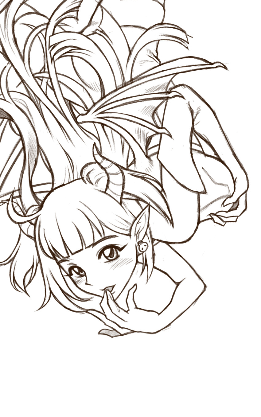 1girl absurdres ahoge banghwadongjopidi blush breasts commentary demon_girl demon_horns demon_wings devi_(master_of_eternity) earrings elbow_gloves gloves grabbing_own_breast greyscale highres horns jewelry korean_commentary licking_own_finger lineart long_hair looking_at_viewer master_of_eternity medibang_paint_(medium) monochrome open_mouth pointy_ears saliva sketch skull_earrings smile solo unfinished upside-down wings
