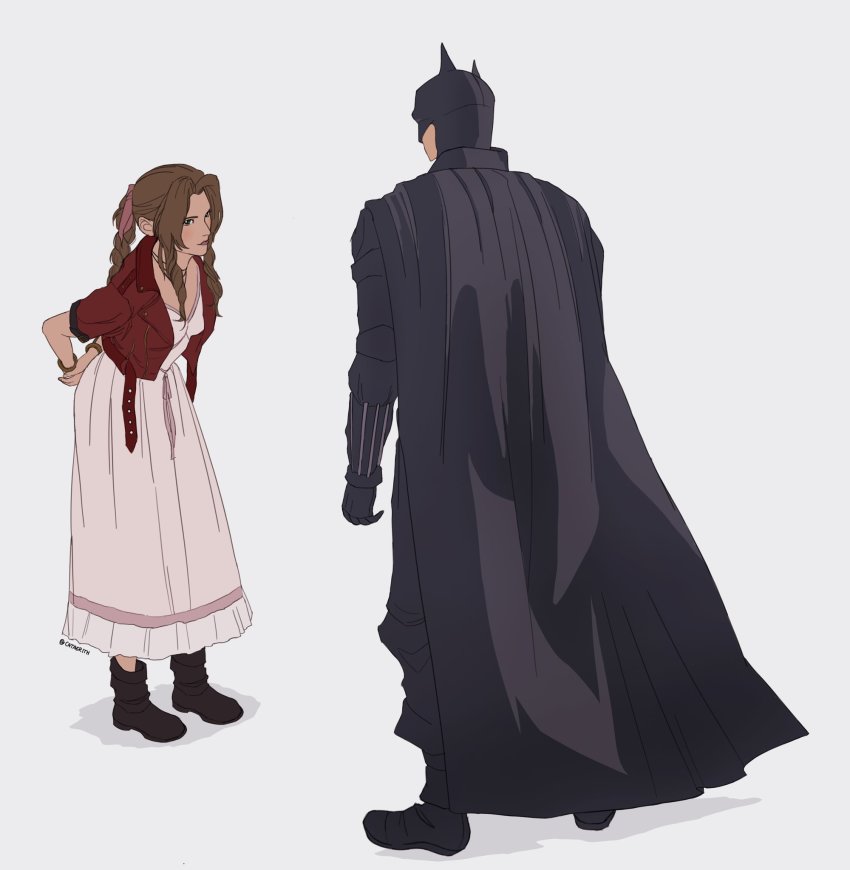 1boy 1girl aerith_gainsborough armor batman batman_(series) belt black_cape bodysuit bow braid brown_hair cape cropped_jacket crossover dc_comics dress final_fantasy final_fantasy_vii gloves green_eyes hair_ribbon highres jewelry long_hair mask muscular pink_dress ribbon simple_background smile superhero_costume the_batman_(2022)