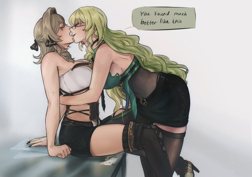 2girls bare_shoulders biting biting_another&#039;s_lip black_nails black_shorts black_skirt black_thighhighs breasts brown_hair commentary english_commentary english_text farcicalhelix from_side glasses green_hair highres honkai_(series) honkai_impact_3rd large_breasts long_hair mobius_(honkai_impact) multiple_girls open_mouth pencil_skirt shorts sitting skirt thighhighs very_long_hair vill-v wavy_hair yuri