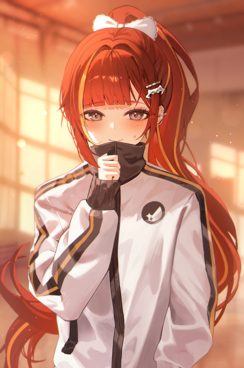 1girl absurdres akane_lize alternate_costume arm_at_side blonde_hair blunt_bangs blurry blurry_background blush bow chaerom closed_mouth commentary dusk ear_chain ear_piercing grey_eyes hair_bow hair_intakes hair_ornament hairclip hand_up high_collar high_ponytail highres indoors jacket light_particles logo long_hair long_sleeves looking_at_viewer mole mole_under_eye multicolored_hair piercing ponytail red_hair sleeves_past_wrists smile solo split_mouth stellive streaked_hair striped_sleeves sunlight sweat track_jacket upper_body very_long_hair virtual_youtuber white_bow white_jacket window_shadow
