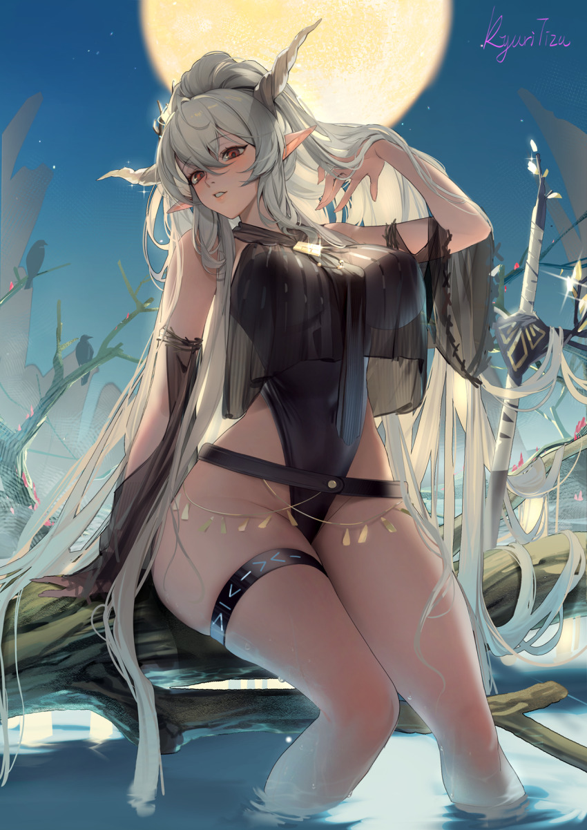 1girl arknights bare_shoulders belt black_belt black_one-piece_swimsuit breast_curtain breasts covered_navel hair_between_eyes hair_spread_out hand_in_own_hair highleg highleg_one-piece_swimsuit highres horns kyuri_tizu large_breasts light_blush long_hair looking_at_viewer naughty_face official_alternate_costume one-piece_swimsuit outdoors parted_lips perky_breasts red_eyes shaded_face shining_(arknights) shining_(silent_night)_(arknights) sitting_on_log skindentation solo swimsuit teeth thick_thighs thigh_strap thighs tree upper_body very_long_hair water white_hair