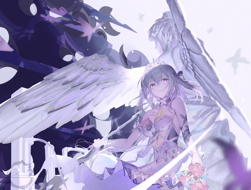 1girl aro_16666 bare_shoulders black_bow black_tiara bouquet bow breasts butterfly_hair_ornament butterfly_ornament castorice_(honkai:_star_rail) choker colored_inner_hair dress elbow_gloves feathered_wings floating_hair flower gloves grey_hair hair_between_eyes hair_bow hair_flower hair_ornament highres holding holding_bouquet honkai:_star_rail honkai_(series) long_hair low-tied_long_hair low_twintails medium_breasts multicolored_hair pillar pink_flower pink_pupils pointy_ears purple_choker purple_eyes purple_gloves purple_hair sleeveless sleeveless_dress solo standing statue strapless strapless_dress teeth tiara twintails white_dress wings yellow_flower