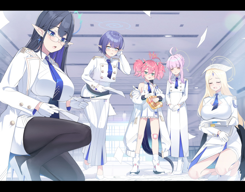 5girls ^_^ absurdres ahoge aoi_(blue_archive) ayumu_(blue_archive) bandaid bandaid_on_knee bandaid_on_leg black_hair black_pantyhose blonde_hair blue_archive blue_eyeshadow blue_hair blue_necktie breasts closed_eyes coat cropped_jacket dress eating eyeshadow falling_paper forehead_jewel giga-tera glasses gloves halo highres indoors jacket kaya_(blue_archive) large_breasts letterboxed makeup mole mole_under_eye momoka_(blue_archive) multiple_girls necktie on_one_knee panties panty_peek pantyhose picking_up pink_hair pointy_ears purple_hair rimless_eyewear rin_(blue_archive) skirt tears underwear white_coat white_dress white_gloves white_jacket white_panties white_skirt