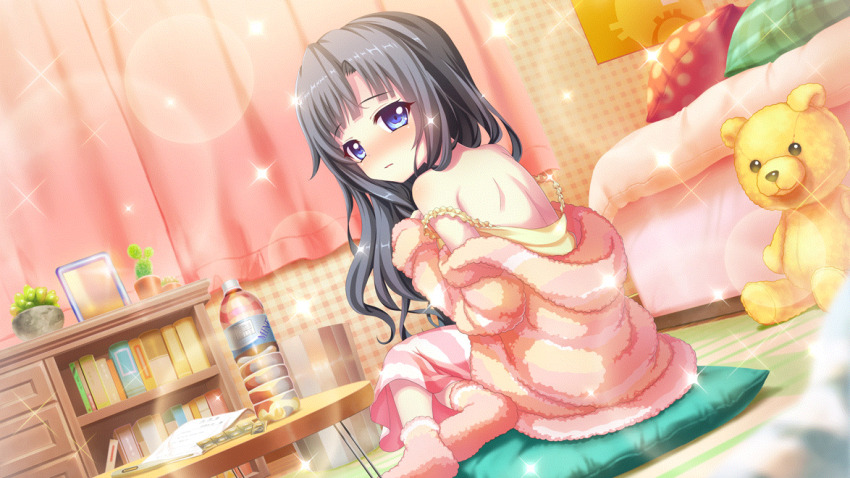 1girl back bare_shoulders bed bedroom black_hair blue_eyes blurry blurry_foreground blush book bottle cactus curtains cushion dot_nose double_strap_slip dutch_angle fever film_grain from_behind fuzzy_clothes fuzzy_footwear game_cg hair_down indoors itsumura_yukari izumi_tsubasu lens_flare long_hair long_sleeves looking_back medicine mirror non-web_source off_shoulder official_art on_floor pajamas pants parted_lips pillow pink_footwear plaid_pillow plant polka_dot polka_dot_pillow potted_plant re:stage! shoulder_blades sick solo sparkle striped_clothes striped_pants stuffed_animal stuffed_toy table teddy_bear trash_can water_bottle wooden_table zabuton