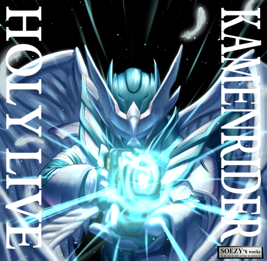 1boy absurdres aiming aiming_at_viewer angel_wings armor armored_gloves artist_logo artist_name belt black_background bodysuit character_name commentary_request cowboy_shot feathered_wings feathers gloves glowing glowing_eyes gun helmet highres holding holding_weapon holy_live kamen_rider kamen_rider_live kamen_rider_revice livegun logo male_focus soezy tokusatsu visor visor_(armor) weapon wing_genome wings