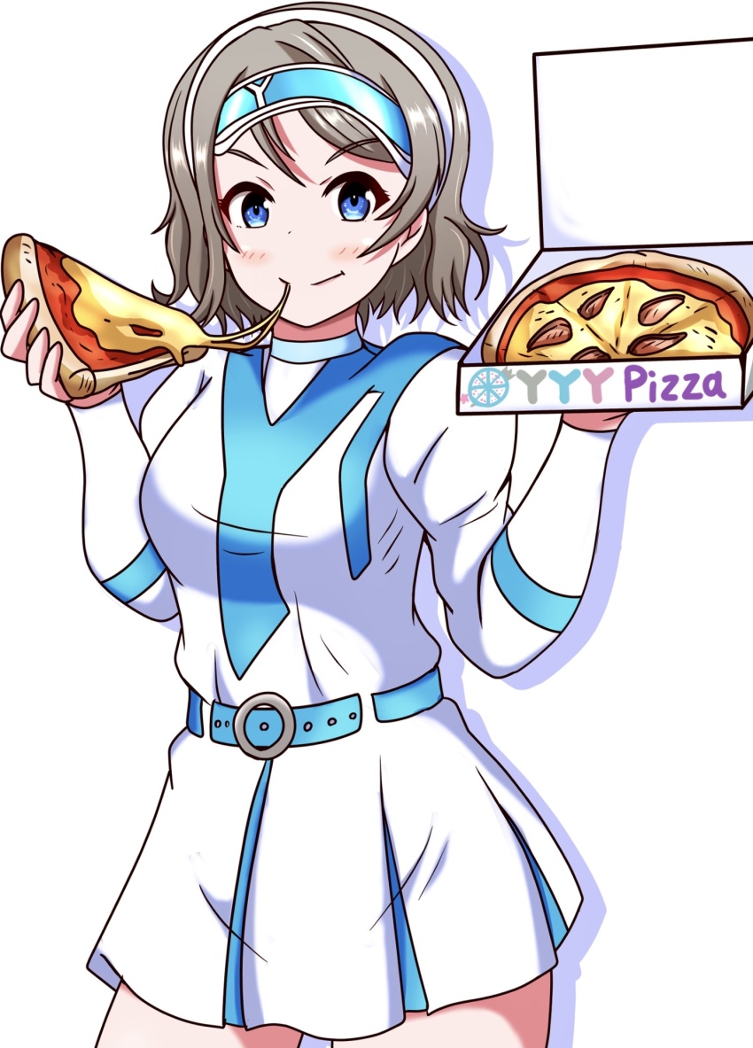 1girl belt blue_eyes breasts brown_hair dress eating food hat highres holding holding_food holding_pizza love_live! love_live!_sunshine!! meiya pizza pizza_box pizza_slice short_hair simple_background skirt solo visor_cap watanabe_you