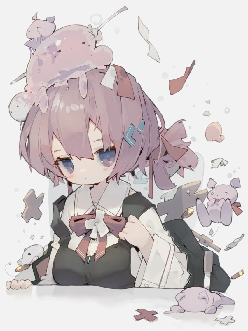 1girl absurdres black_vest breasts closed_mouth collar creature dot_mouth hair_ornament hairclip highres light_blush long_hair long_sleeves neck_ribbon nep_(nep_76) original pink_hair purple_eyes red_ribbon ribbon shirt solo vest white_background white_collar white_shirt wide_sleeves