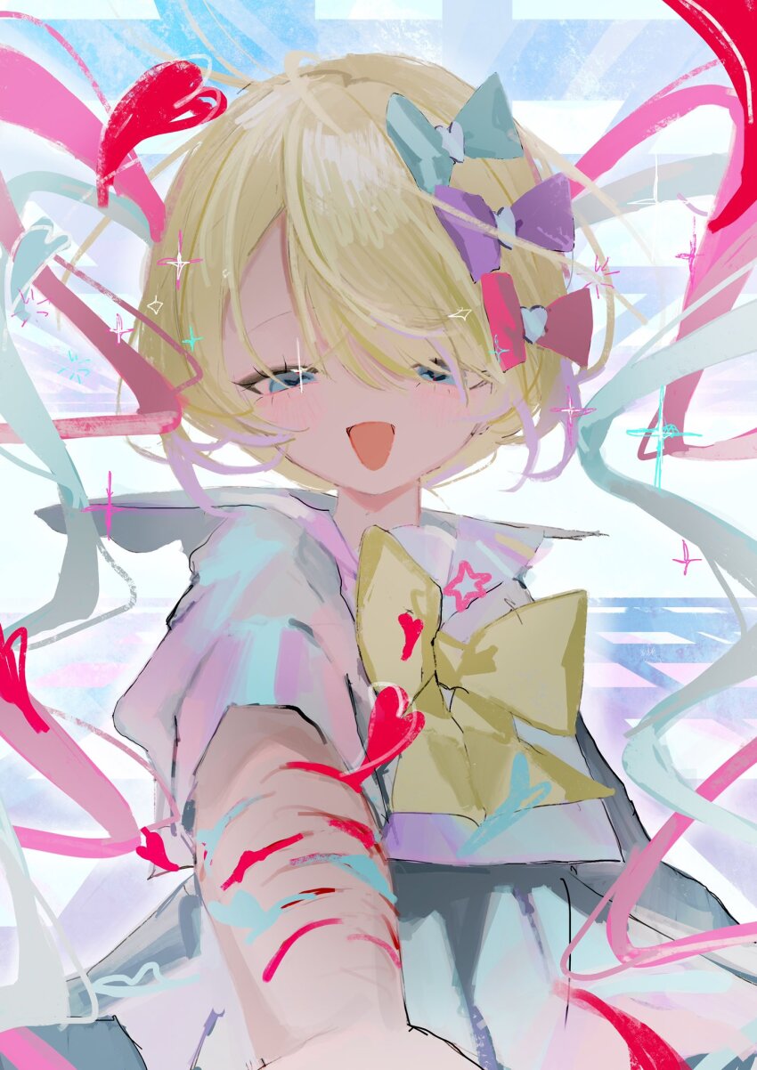 1girl :d blonde_hair blood blue_blood blue_eyes blue_hair blue_serafuku bow chest_bow chouzetsusaikawa_tenshi-chan hair_bow heart highres injury looking_at_viewer mika3kami multiple_hair_bows multiple_scars needy_girl_overdose open_mouth outstretched_arm pink_hair quad_tails reaching reaching_towards_viewer scar scar_on_arm school_uniform serafuku smile solo sparkle upper_body wrist_cutting