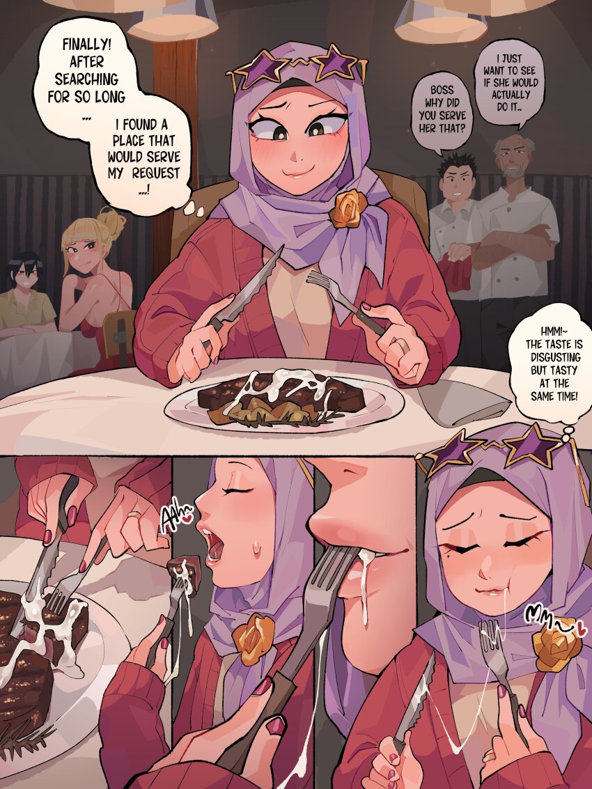 2girls 3boys absurdres black_hair blush bright_pupils brown_eyes close-up commentary cum cum_in_mouth cum_on_food cum_string cumdrip diforland disguise disgust eating english_commentary english_text eyewear_on_head food food_in_mouth gokkun headscarf highres hijab lips multiple_boys multiple_girls old old_man plate purple_hijab star-shaped_eyewear star_(symbol) steak sunglasses white_pupils zari_(duolingo)