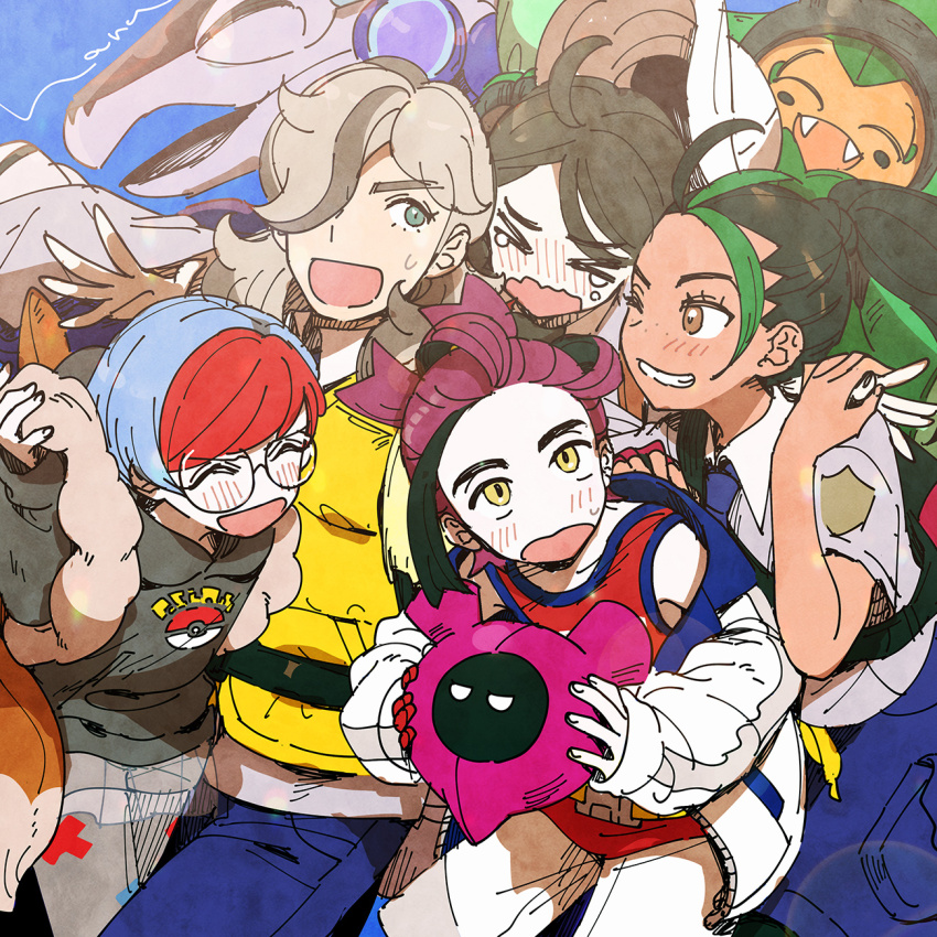 &gt;_&lt; 2boys 3girls arven_(pokemon) black_hair black_hoodie blue_background blue_hair blush brown_eyes brown_hair closed_eyes commentary_request fangs glasses gloves grey_hair grin hair_over_one_eye haruhashi highres holding holding_poke_ball hood hoodie jacket juliana_(pokemon) kieran_(pokemon) long_hair miraidon multicolored_hair multiple_boys multiple_girls nemona_(pokemon) nintendo ogerpon one_eye_closed open_clothes open_jacket open_mouth pantyhose pecharunt penny_(pokemon) poke_ball pokemon pokemon_(creature) pokemon_sv ponytail purple_hair red_gloves red_hair red_tank_top shirt shorts simple_background single_glove smile sweat tank_top tears vest white_jacket yellow_eyes yellow_vest