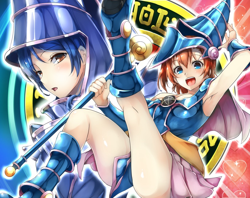 2girls :d armpits black_hair blue_eyes brown_eyes cosplay dark_magician dark_magician_(cosplay) dark_magician_girl dark_magician_girl_(cosplay) duel_monster hat highres kosaka_honoka love_live! love_live!_school_idol_project multiple_girls open_mouth orange_hair sakesakana_(korezyanai) side_ponytail smile sonoda_umi staff yu-gi-oh!
