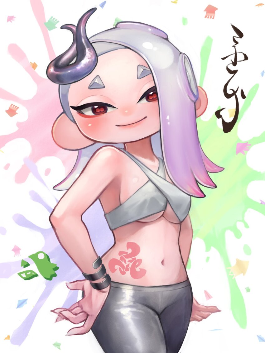 1girl alternate_breast_size blush bracelet breasts cleavage cowboy_shot eyeliner gradient_hair grey_hair hand_on_own_hip head_tilt highres ink jewelry large_breasts looking_at_viewer makeup multicolored_hair navel nintendo octoling oekakirisuke official_alternate_costume purple_hair red_eyes shiver_(grand_festival)_(splatoon) shiver_(splatoon) smile solo splatoon_(series) splatoon_3 stomach_tattoo tattoo tentacle_hair two-tone_hair underboob