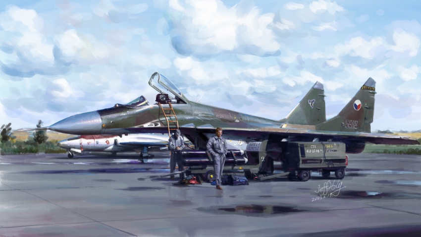2boys absurdres aircraft airplane art_study bag cloud cloudy_sky czechoslovak_air_force dated duffel_bag fighter_jet flight_suit g-suit hat highres jeffholy ladder mig-29 military_vehicle multiple_boys original signature sky vehicle_focus
