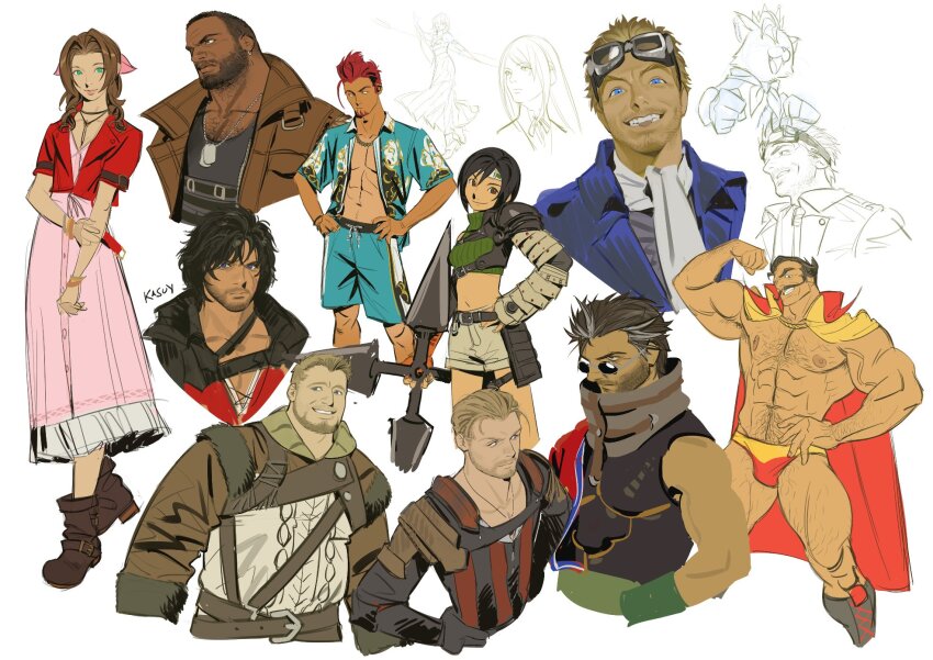 4girls 6+boys aerith_gainsborough aqua_shirt aqua_shorts armor artist_name ascot auron bangle barret_wallace beard black_cloak black_shirt blonde_hair blue_eyes blue_jacket boots bracelet brown_coat brown_eyes brown_footwear brown_hair brown_vest cait_sith_(final_fantasy) cape cat chain chain_necklace choker cid_highwind clive_rosfield cloak closed_mouth coat cowboy_shot crop_top cropped_jacket cropped_legs cropped_torso crown dark-skinned_male dark_skin dio_(final_fantasy) dog_tags dress earrings facial_hair facial_scar final_fantasy final_fantasy_vii final_fantasy_vii_rebirth final_fantasy_vii_remake final_fantasy_x final_fantasy_xvi flexing flower_choker full_body gav_(ff16) goetz_(ff16) goggles goggles_on_head gold_cape green_eyes green_shirt grey_hair grey_shorts grin hair_between_eyes hair_ribbon hair_slicked_back hands_on_own_hips hawaiian_shirt headband highres holding holding_shuriken holding_staff holding_weapon jacket jewelry jill_warrick johnny_(ff7) leather_armor long_dress long_hair long_skirt male_swimwear midriff mini_crown mr_kasuy multicolored_hair multiple_boys multiple_girls muscular muscular_male mustache neck_ribbon necklace nontraditional_miko open_clothes open_shirt pink_dress pink_ribbon pleated_skirt red_cape red_hair red_jacket red_male_swimwear red_vest ribbon scar scar_on_cheek scar_on_face shirt short_hair short_sleeves shorts shoulder_armor shuriken single_bare_shoulder single_earring single_shoulder_pad single_sleeve skirt sleeveless sleeveless_shirt sleeveless_turtleneck smile soul_patch staff streaked_hair stubble sunglasses swim_briefs teeth turtleneck two-sided_cape two-sided_fabric upper_body very_short_hair vest weapon white_ascot wide_sleeves yuffie_kisaragi yuna_(ff10)