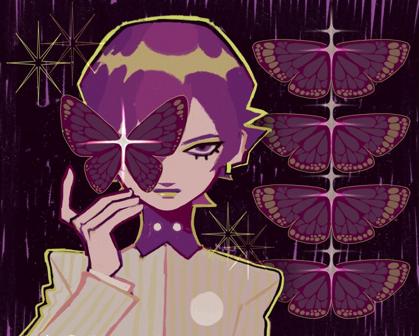 1boy androgynous bishounen bug butterfly butterfly_on_head dark_background earrings expressionless eyelashes eyeshadow green_eyeshadow green_lips grey_shirt hand_up highres insect jewelry lipstick long_sleeves looking_at_viewer makeup male_focus melonchews one_eye_covered persona persona_1 portrait purple_background purple_butterfly purple_eyes purple_hair school_uniform shirt short_hair solo sparkle st._hermelin_school_uniform toudou_naoya