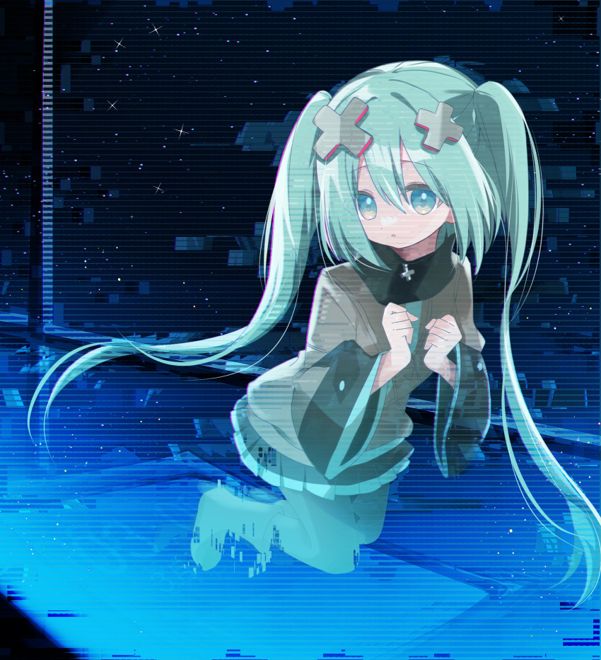 1girl aqua_eyes aqua_hair batsu_miku black_skirt glitch hair_between_eyes hair_ornament hatsune_miku highres hotcake_16 jacket kowareta_sekai_to_utaenai_miku long_hair long_sleeves looking_at_viewer miku_day open_mouth pleated_skirt project_sekai skirt solo turtleneck turtleneck_jacket very_long_hair vocaloid wide_sleeves x_hair_ornament