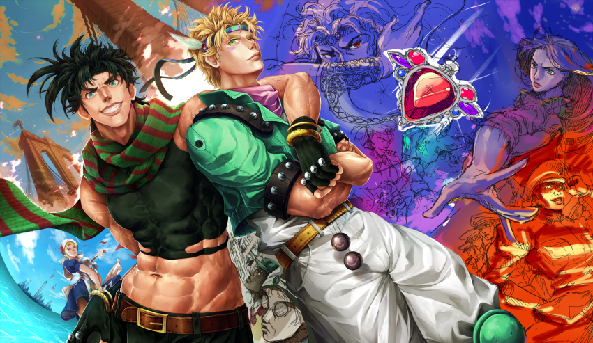 2girls 6+boys bad_id bad_pixiv_id black_hair blonde_hair bola_(weapon) bteele caesar_anthonio_zeppeli erina_pendleton esidisi gem headband highres jojo_no_kimyou_na_bouken joseph_joestar joseph_joestar_(young) kars_(jojo) lisa_lisa multiple_boys multiple_girls red_stone_of_aja rudolph_von_stroheim scarf smokey_brown striped_clothes striped_scarf suzi_q wamuu
