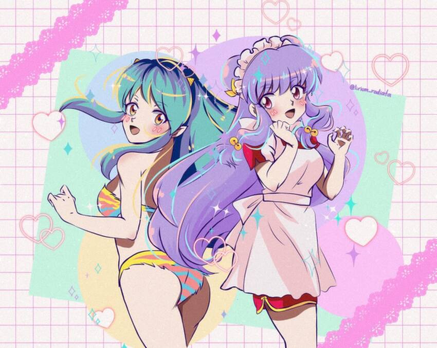 2girls apron bra chinese_clothes green_hair horns lum multiple_girls oni purple_hair ranma_1/2 shampoo_(ranma_1/2) striped_bra striped_clothes underwear urusei_yatsura white_apron