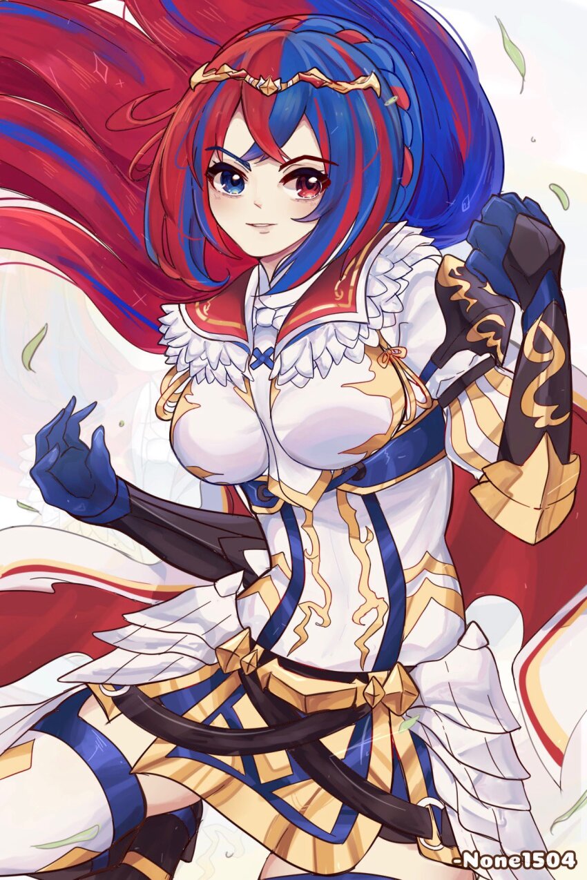1girl blue_eyes blue_hair crossed_bangs female_alear_(awoken_divinity)_(fire_emblem) female_alear_(fire_emblem) fire_emblem fire_emblem_engage heterochromia highres multicolored_hair nintendo none1504 red_eyes red_hair split-color_hair tiara two-tone_hair