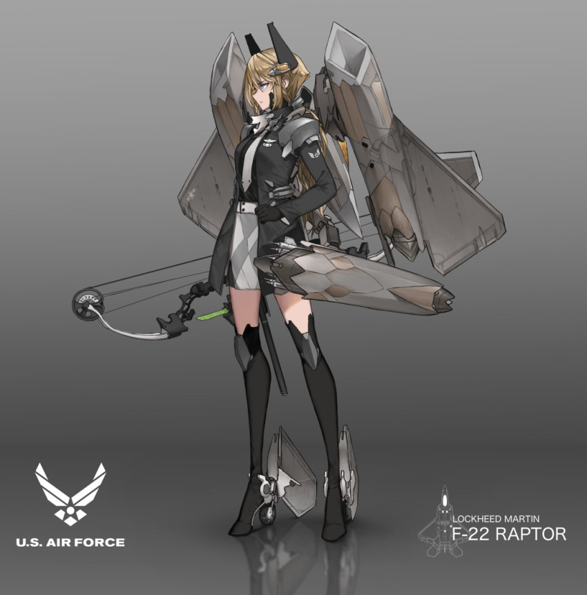 1girl black_gloves blue_eyes boots bow_(weapon) breasts compound_bow dishwasher1910 f-22_raptor full_body gloves headgear high_heel_boots high_heels light_brown_hair lockheed_martin long_hair necktie original personification reflection sidelocks skirt solo thigh_boots thighhighs very_long_hair weapon zettai_ryouiki