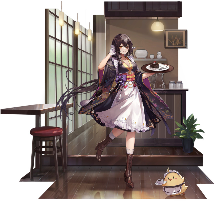 1girl apron azur_lane black_hair boots cake chair chocolate_cake cup food full_body gloves highres horns japanese_clothes kimono long_hair looking_at_viewer maid maid_apron manjuu_(azur_lane) mikasa_(a_romantic_respite)_(azur_lane) mikasa_(azur_lane) obiage official_art paint sidelocks table transparent_background wa_maid white_gloves wooden_table yellow_eyes