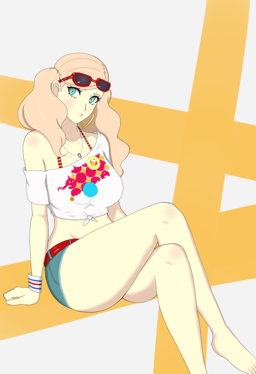 1girl :/ absurdres barefoot belt blonde_hair blue_eyes blue_shorts breasts closed_mouth crop_top crossed_legs curvy denim denim_shorts earrings eyewear_on_head feet_out_of_frame heart heart_earrings highres hoop_earrings jewelry large_breasts lips looking_at_viewer midriff nahone_peko navel necklace persona persona_5 persona_5_scramble:_the_phantom_strikers red-framed_eyewear red_belt shirt short_shorts shorts sitting solo sunglasses takamaki_anne thighs tied_shirt twintails