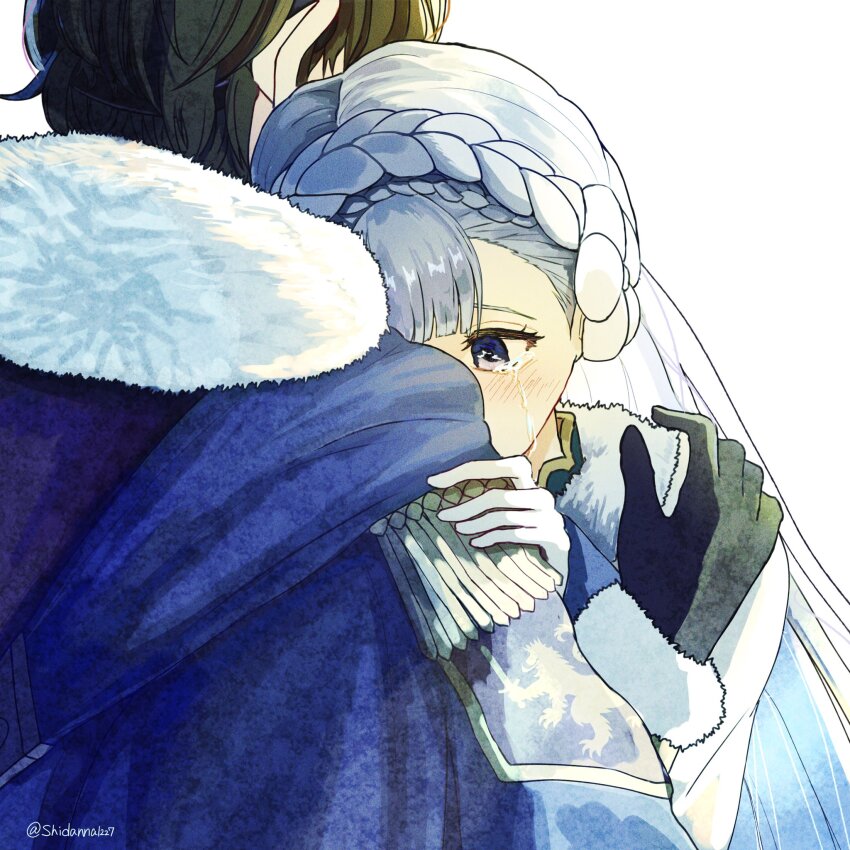 1boy 1girl berkut_(fire_emblem) black_gloves blue_cape blue_eyes blue_hair braid brown_hair cape center-flap_bangs commentary_request couple crown_braid crying eyelashes fire_emblem fire_emblem_echoes:_shadows_of_valentia fur-trimmed_cape fur_trim gloves highres hug long_hair nintendo rinea_(fire_emblem) shidanna1227 simple_background streaming_tears tears white_background