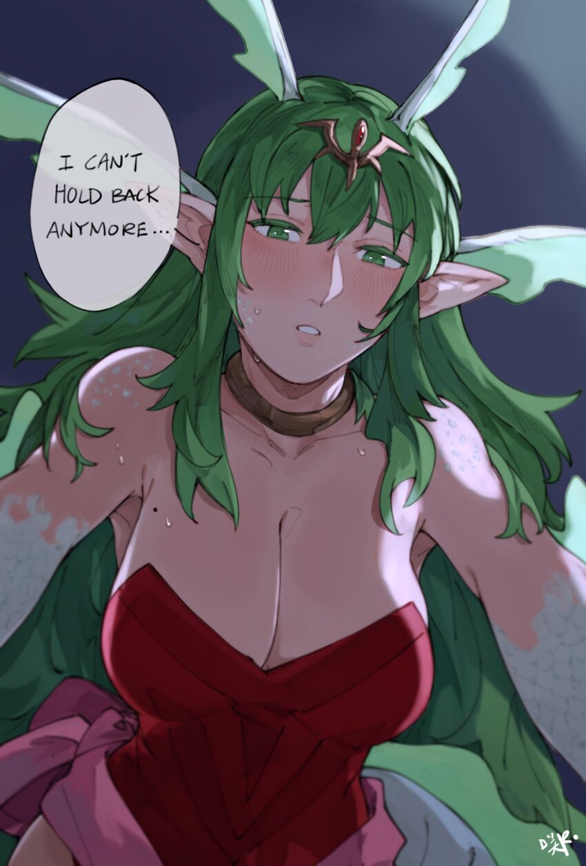 1girl alternate_hairstyle blush breasts cleavage collarbone commentary dragon_girl dragon_horns dragon_wings dress english_commentary english_text fire_emblem fire_emblem_awakening green_eyes green_hair hair_between_eyes hair_ornament highres horns large_breasts long_hair looking_at_viewer mole mole_on_breast nintendo pointy_ears pov red_dress sakuremi scales signature solo strapless strapless_dress sweat tiki_(adult)_(fire_emblem) tiki_(fire_emblem) very_long_hair wings