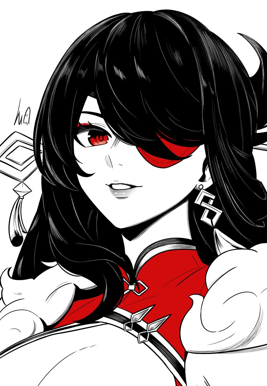 1girl absurdres alternate_breast_size_(larger) beidou_(genshin_impact) breasts chinese_clothes cleavage cleavage_cutout clothing_cutout colored_eyepatch commentary earrings english_commentary eyeliner eyepatch genshin_impact greyscale hair_ornament hair_over_one_eye hair_stick highres huge_breasts jewelry lughost makeup monochrome parted_lips portrait red_eyeliner red_eyes signature smile solo spot_color