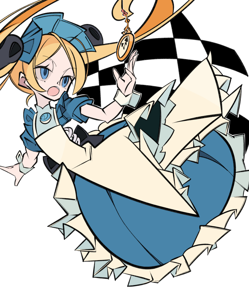 1girl absurdres adapted_costume alice&#039;s_adventures_in_wonderland alice_(alice_in_wonderland) alice_(alice_in_wonderland)_(cosplay) alternate_color apron back_bow blonde_hair bloody_marie_(skullgirls) blue_eyes bow checkered_background cosplay cxdotchison dress frilled_apron frilled_dress frills hair_ornament highres maid_headdress open_mouth pocket_watch puffy_short_sleeves puffy_sleeves short_sleeves skull_hair_ornament skullgirls solo twintails watch white_background wrist_cuffs