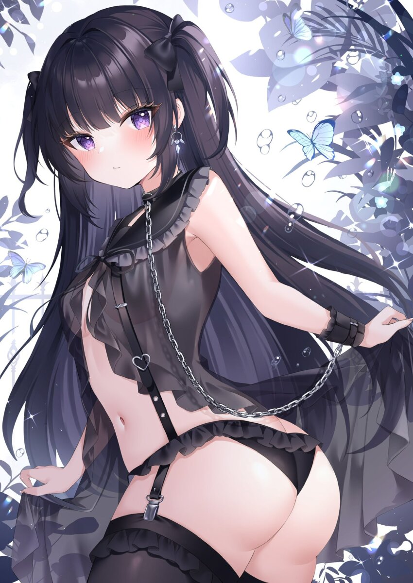 1girl :/ armpits ass babydoll black_babydoll black_choker black_hair black_panties black_sailor_collar black_thighhighs blunt_bangs blush bow breasts bug butterfly chain chain_leash choker clothes_lift commentary earrings fingernails frilled_panties frilled_sailor_collar frilled_thighhighs frilled_wrist_cuffs frills garter_straps hair_bow highres insect jewelry leash lingerie long_hair looking_at_viewer navel original panties purple_eyes sailor_collar see-through_babydoll see-through_clothes sleepwear small_breasts solo stomach symbol-only_commentary thighhighs twisted_torso two_side_up underwear water_drop wrist_cuffs ymkrnchan