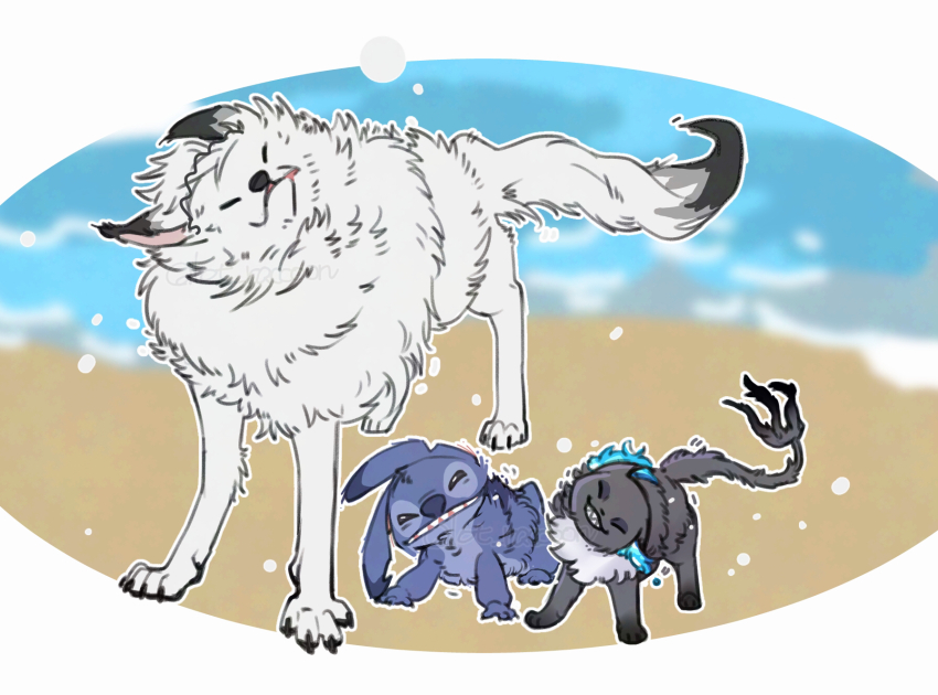animal animal_focus animalization beach cat commentary_request creature crossover grim_(twisted_wonderland) highres jack_howl lilo_&amp;_stitch no_humans outdoors raccoonlot standing stitch_(lilo_&amp;_stitch) twisted_wonderland wet wet_dog_shake wolf
