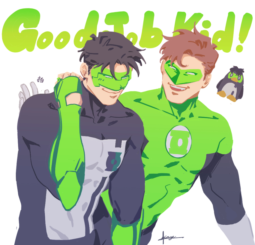 2boys black_bodysuit black_hair bodysuit covered_abs dc_comics domino_mask eye_mask gloves green_bodysuit green_lantern green_lantern_(series) green_lantern_corps grey_bodysuit hal_jordan jewelry kyle_rayner large_pectorals male_focus mask multicolored_bodysuit multiple_boys muscular muscular_male pectorals power_ring_(green_lantern) ring short_hair smile superhero_costume two-tone_bodysuit white_bodysuit white_gloves who_thehell_is