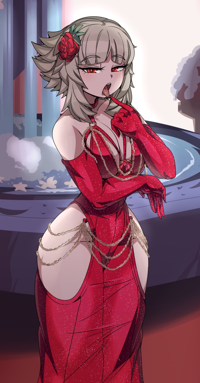 1girl absurdres alternate_costume arm_under_breasts bare_shoulders blunt_bangs blush breasts breasts_squeezed_together captain_kirb chain cleavage collarbone commentary commission dot_nose dress dress_flower elbow_gloves english_commentary fire_emblem fire_emblem_heroes flower fountain glitter_dress gloves gold_chain grey_hair hair_flower hair_ornament half-closed_eyes highres hip_vent knee_up large_breasts light_blush looking_at_viewer low_neckline medium_hair meme_attire modakawa_dress nintendo no_panties o-ring official_alternate_hairstyle open_mouth oral_invitation pointing pointing_at_mouth pointing_at_self pointy_hair red_dress red_eyes red_gloves sexually_suggestive sidelocks sleeveless sleeveless_dress solo spaghetti_strap standing taut_clothes taut_dress thick_eyelashes thick_thighs thighs tight_clothes tight_dress tongue tongue_out veronica_(fire_emblem) veronica_(princess_rising)_(fire_emblem) water wide_hips