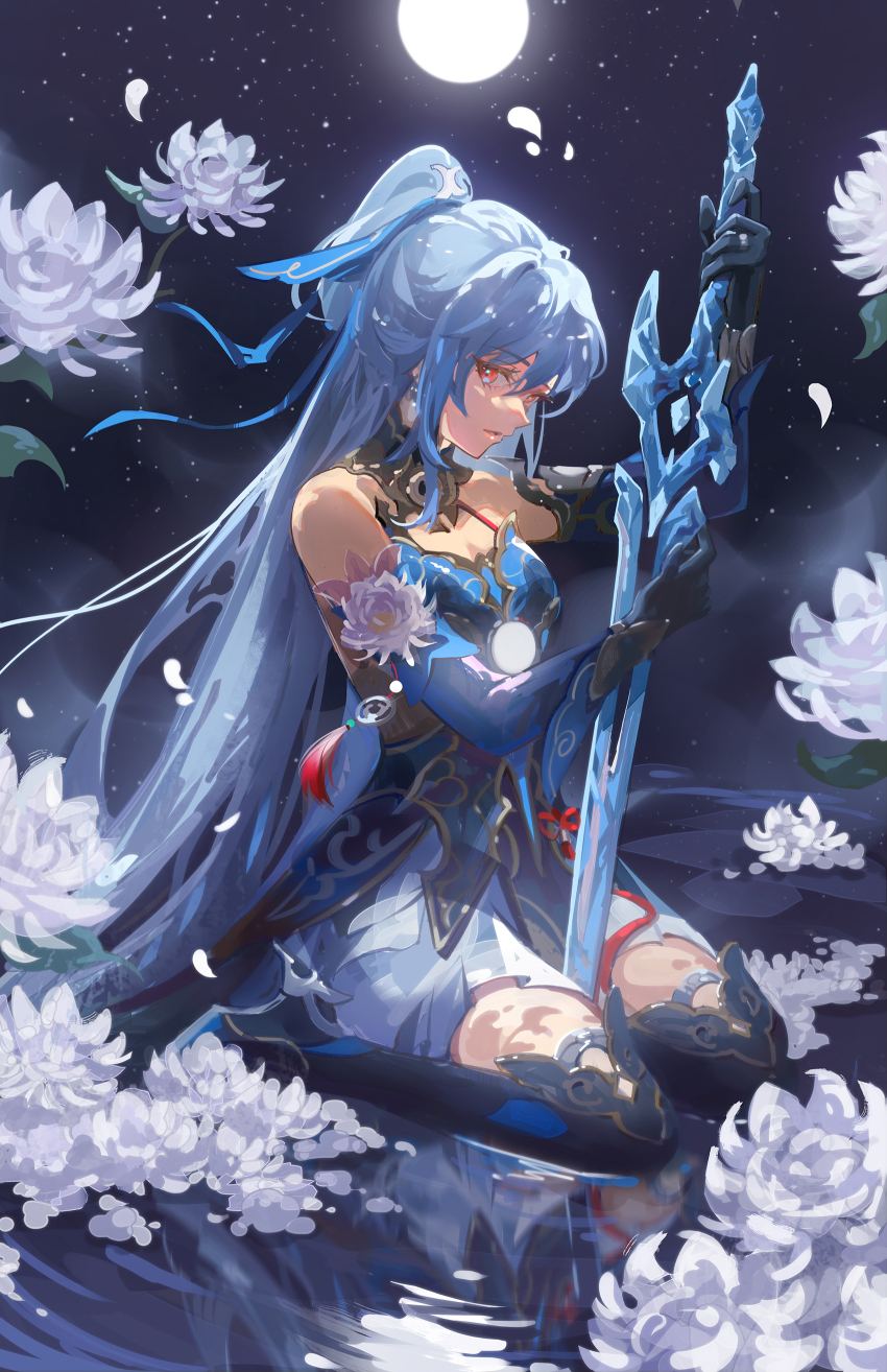 1girl absurdres bare_shoulders black_gloves blue_dress blue_sleeves breasts chinese_clothes commentary crystal_sword detached_sleeves dress english_commentary epiphyllum flower from_side full_moon gloves hair_between_eyes high-low_skirt high_ponytail highres holding holding_sword holding_weapon honkai:_star_rail honkai_(series) jessica_wijaya jingliu_(honkai:_star_rail) long_hair looking_at_viewer medium_breasts moon night night_sky parted_lips ponytail red_eyes reflection reflective_water sitting sky solo star_(sky) starry_sky sword wariza weapon white_flower white_hair