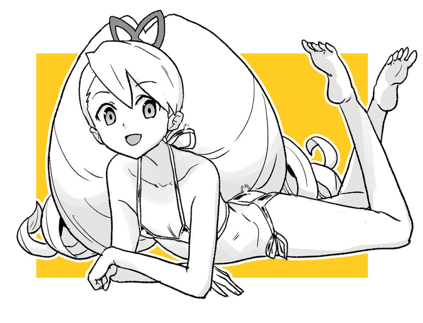 1girl barefoot bikini bow drill_hair hair_bow heriyama loli long_hair looking_at_viewer luna_platz_(mega_man) lying mega_man_(series) mega_man_star_force_(series) micro_bikini on_stomach open_mouth orange_background simple_background smile swimsuit twin_drills very_long_hair