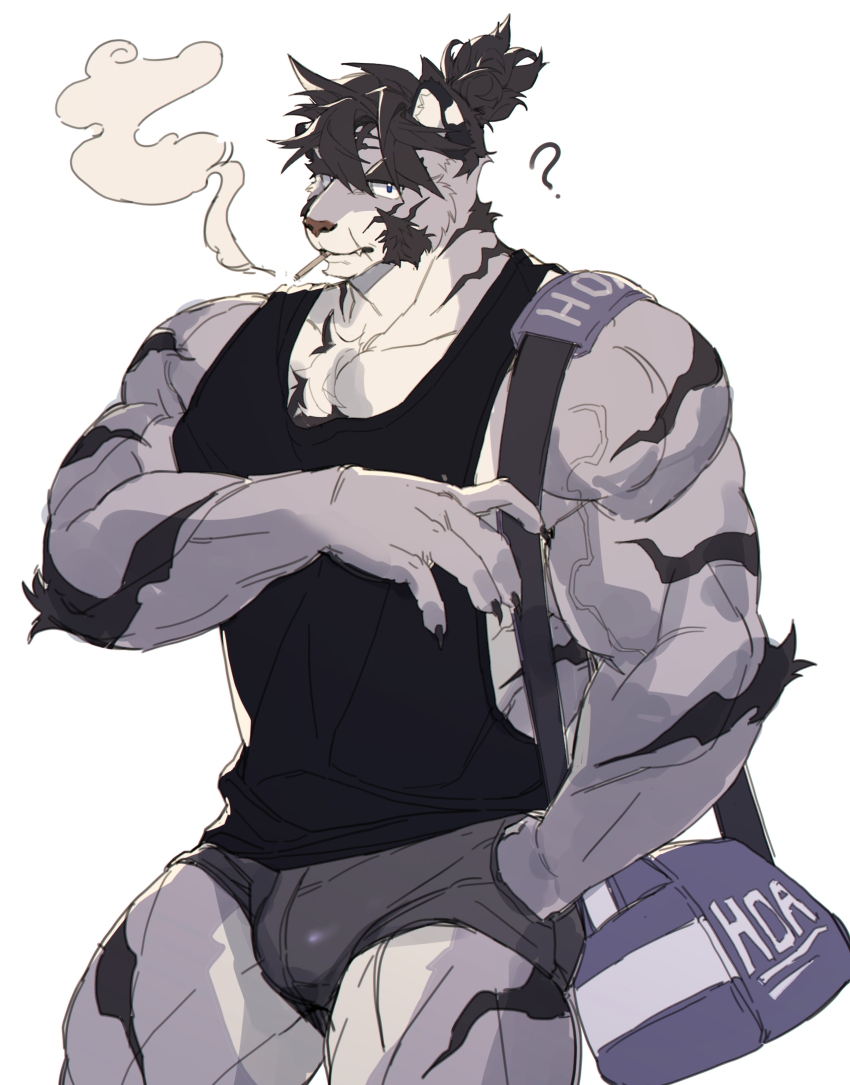 1boy ? absurdres bag bara bulge chest_tuft cowboy_shot duffel_bag high_ponytail highres huge_eyebrows large_pectorals looking_at_viewer male_focus mature_male micro_shorts muscular muscular_male original pectoral_cleavage pectorals ponytail shorts sideburns sidepec smoking solo thick_arm_hair thick_thighs thighs tiger_boy ttn_(239_239) veins veiny_arms