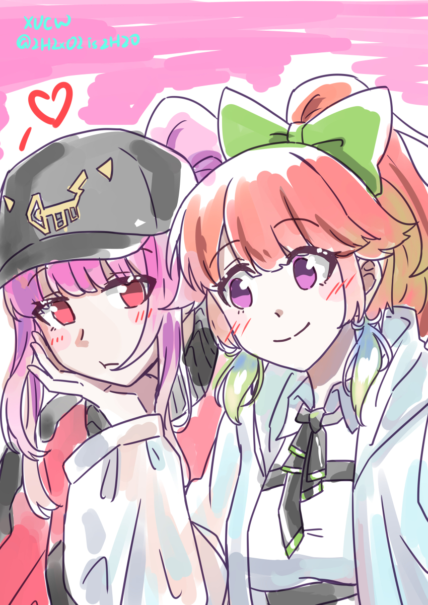 2girls absurdres alternate_costume blush breasts couple earrings feather_earrings feathers gradient_hair hat highres hololive hololive_english jewelry large_breasts long_hair looking_at_viewer mori_calliope mori_calliope_(streetwear) multicolored_hair multiple_girls official_alternate_costume open_mouth orange_hair pink_hair purple_eyes smile takanashi_kiara virtual_youtuber xu_chin-wen yuri