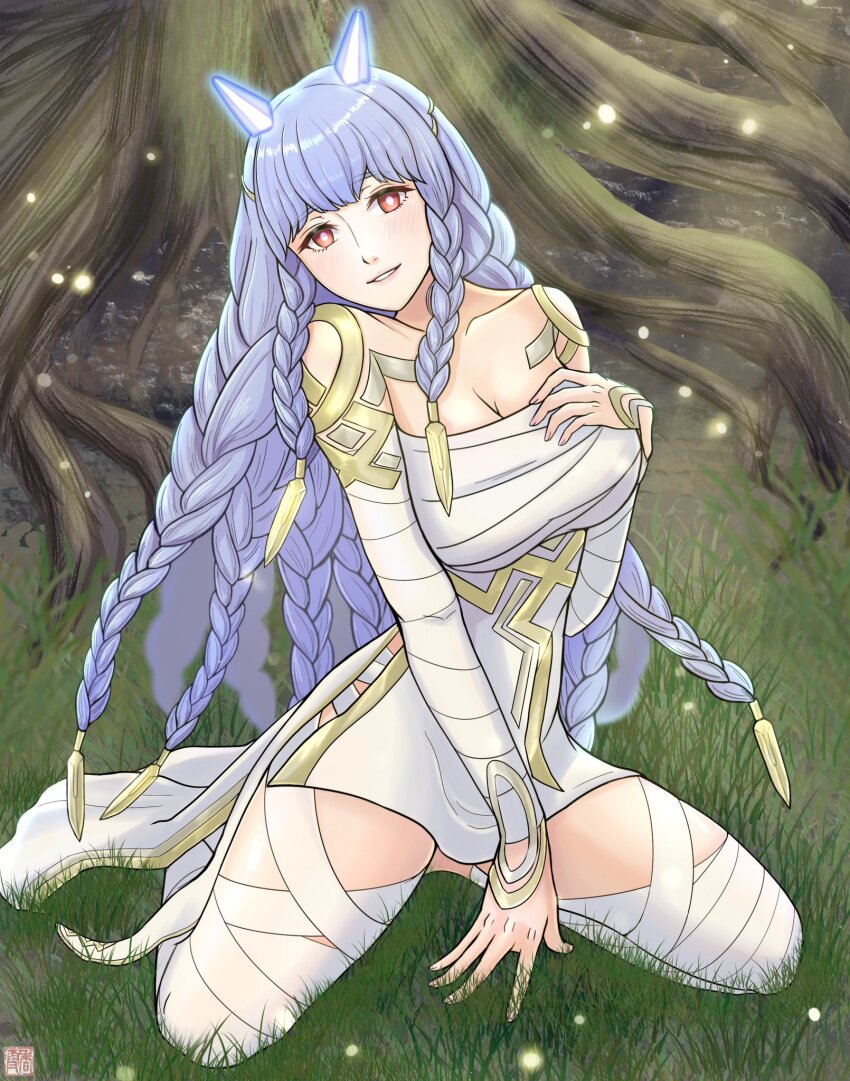 1girl bandaged_arm bandaged_leg bandages blue_hair body_markings braid braided_sidelock breasts bright_pupils cleavage fire_emblem fire_emblem_heroes hand_on_own_chest heidrun_(fire_emblem) highres kousetu0506 large_breasts light_blue_hair light_blush long_hair looking_at_viewer nintendo red_eyes sarashi sitting smile solo wariza white_pupils