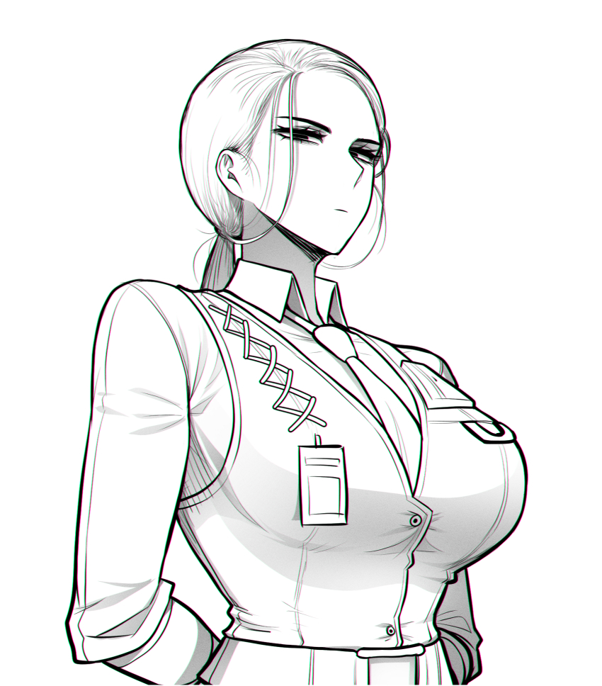 1girl arms_behind_back belt breasts closed_mouth collared_shirt commentary_request genderswap genderswap_(mtf) greyscale highres korean_commentary large_breasts limbus_company long_hair long_sleeves looking_at_viewer meursault_(project_moon) misg1111 monochrome necktie ponytail project_moon shirt simple_background solo vest