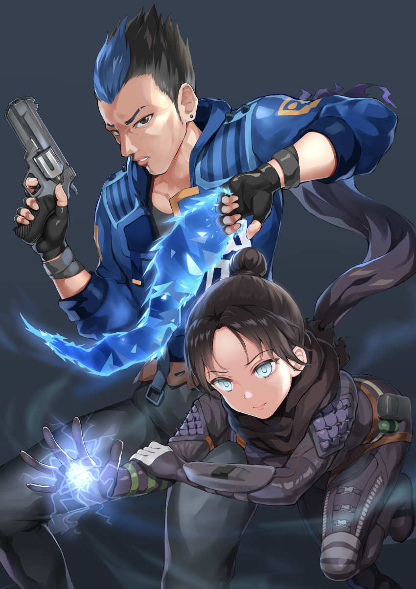 1boy 1girl absurdres animification apex_legends black_bodysuit black_gloves black_hair blue_eyes blue_hair blue_jacket bodysuit brown_eyes crossover electricity eyebrow_cut fingerless_gloves gloves gun hair_behind_ear hair_bun handgun highres holding holding_gun holding_weapon jacket looking_ahead looking_at_viewer multicolored_hair nedia_(nedia_region) open_hand parted_bangs parted_lips power_connection revolver single_hair_bun streaked_hair valorant weapon wraith_(apex_legends) yoru_(valorant)
