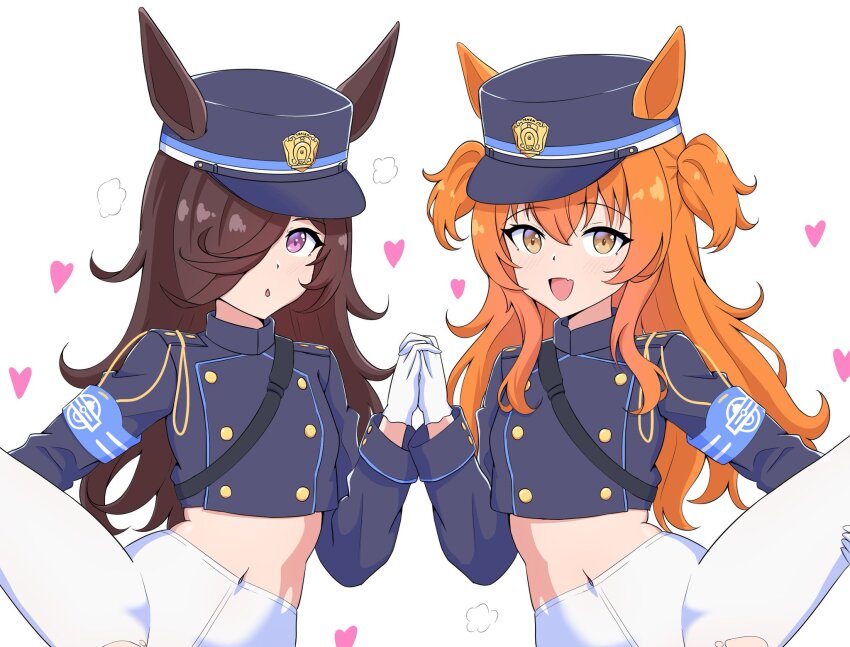 :o animal_ears armband belt black_hair blue_hat blue_jacket commentary cosplay dewanewbie ears_through_headwear fang gloves hair_over_one_eye hat heart highres hikari_(blue_archive) hikari_(blue_archive)_(cosplay) holding_hands horse_ears horse_girl hoshitani_mio iwami_manaka jacket kepi leg_hold leg_up long_hair long_sleeves looking_at_viewer mayano_top_gun_(umamusume) military_hat navel no_pants nozomi_(blue_archive) nozomi_(blue_archive)_(cosplay) open_mouth orange_eyes orange_hair panties pantyhose purple_eyes rice_shower_(umamusume) sam_browne_belt skin_fang smile standing torn_clothes torn_pantyhose two_side_up umamusume underwear voice_actor_connection white_background white_gloves white_panties