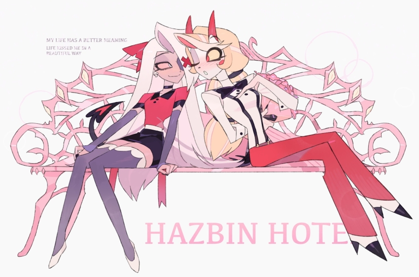bench bilidongdong blonde_hair charlie_morningstar circle_facial_mark colored_sclera colored_skin copyright_name couple demon_girl demon_horns demon_tail english_text eyepatch grey_hair grey_skin hazbin_hotel highres horns long_hair on_bench pants pink_sclera red_horns red_pants sitting suspenders tail vaggie very_long_hair yellow_sclera yuri